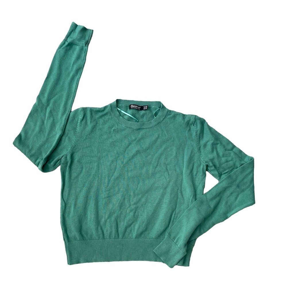 Bershka Cropped Knit Long Sleeve Crew Neck Sweater Women Green Size M - Picture 2 of 7